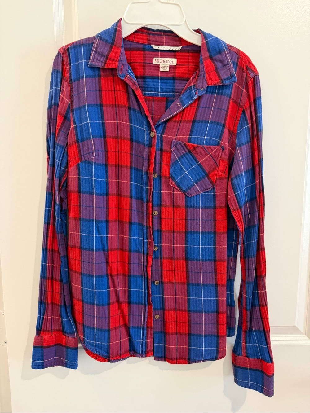 Merona Red Blue Purple Plaid Button-Down Shirt